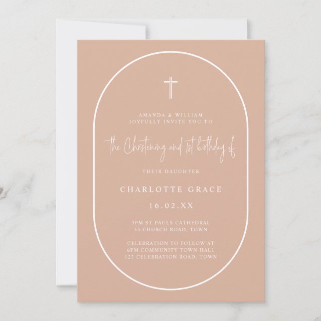 Blush Pink Arch Modern Joint Christening Birthday Invitation (Front)