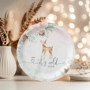 Blush pink baby deer baby its cold outside paper plate
