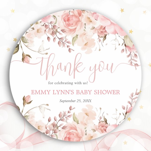 Blush Pink Baby In Bloom Baby Shower Thank You  Classic Round Sticker (Blush Pink Baby In Bloom Baby Shower Thank You Classic Round Sticker)