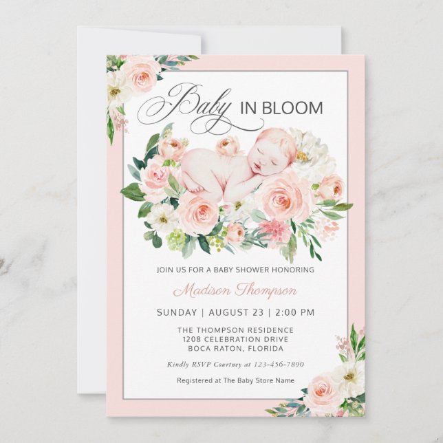 Blush Pink Baby in Bloom Floral Baby Shower Invitation (Front)