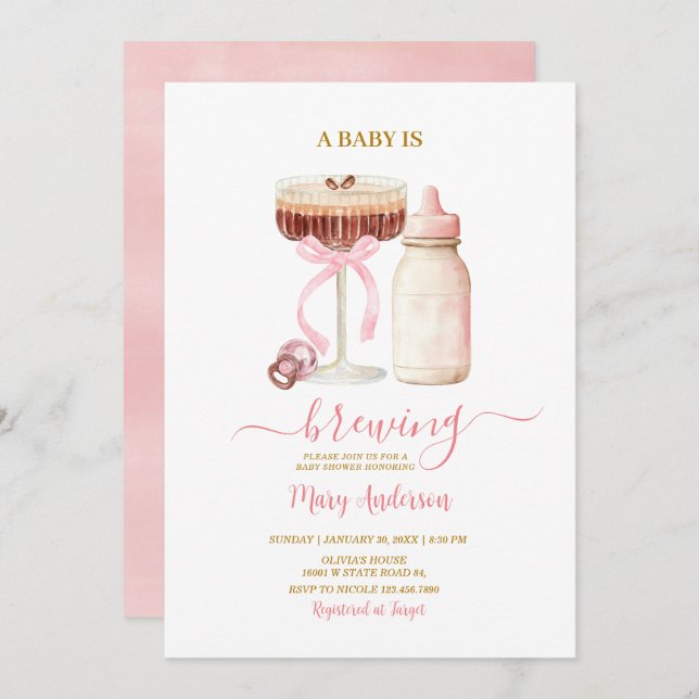 Blush Pink Baby Is Brewing Milk Bottle Baby Shower Invitation (Front/Back)