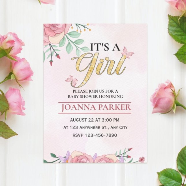 Blush Pink Baby It's a Girl Shower Watercolor  Invitation (Creator Uploaded)
