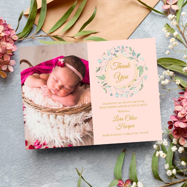Blush Pink Baby Photo Greenery Thank You Birth Announcement Postcard (Creator Uploaded)