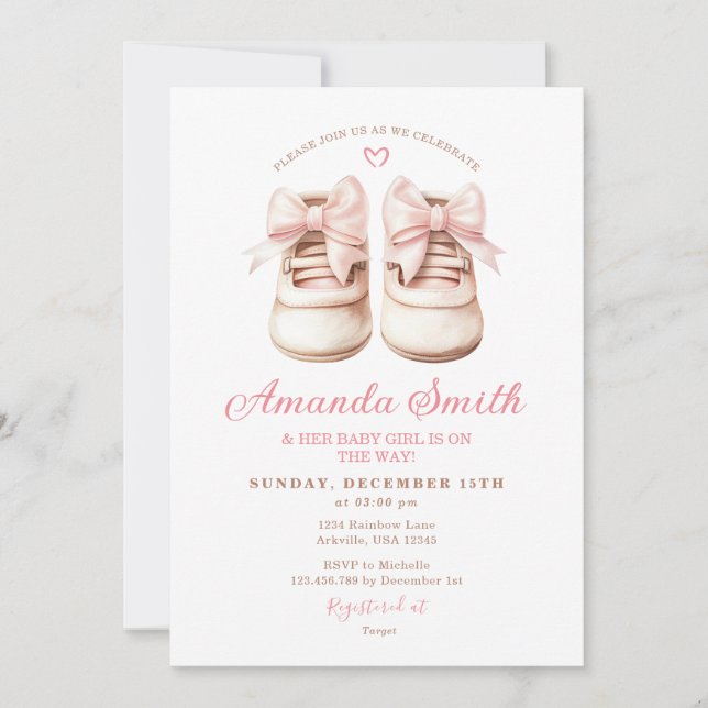 Blush Pink Baby Shoes Girl Bow Booties Baby Shower Invitation (Front)