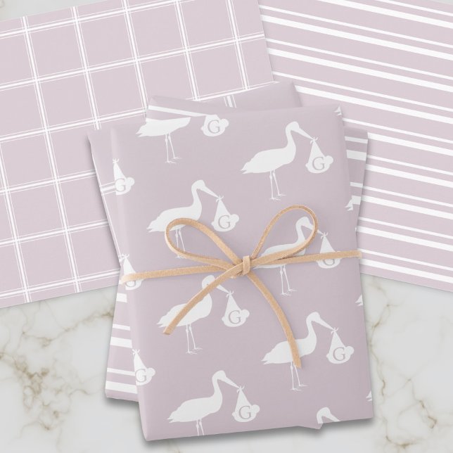 Blush Pink Baby Shower Stork Delivery Monogram Wrapping Paper Sheet (A pretty blush pink set of wrapping paper sheets perfect for baby showers)