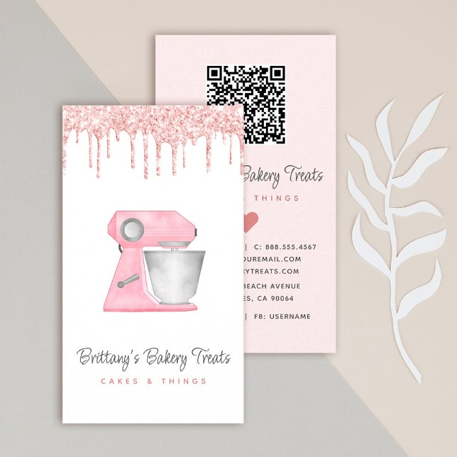 Blush Pink Bakery Mixer Glitter Drips QR Code Business Card (Creator Uploaded)
