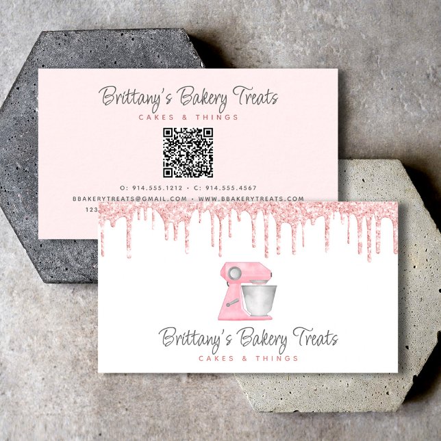 Blush Pink Bakery Mixer Glitter Drips QR Code Business Card (Creator Uploaded)