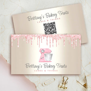 Blush Pink Bakery Mixer Glitter on Gold QR Code Business Card