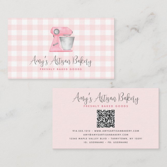 Blush Pink Bakery Mixer QR Code Gingham Pattern Business Card (Front/Back)