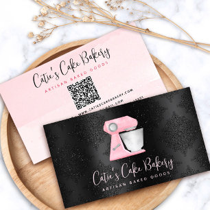 Blush Pink Bakery Mixer QR Code on Black Damask Business Card
