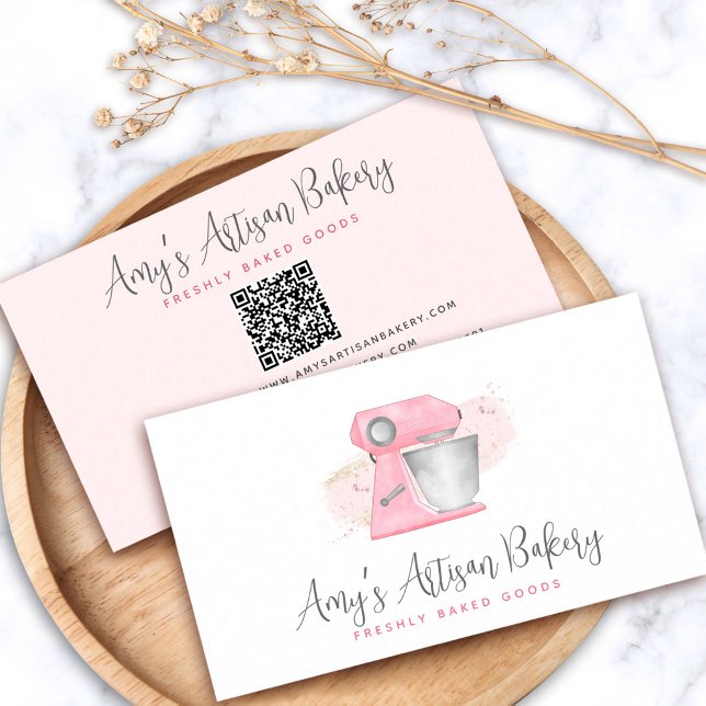 Blush Pink Bakery Mixer QR Code Pastry Chef Business Card (Creator Uploaded)
