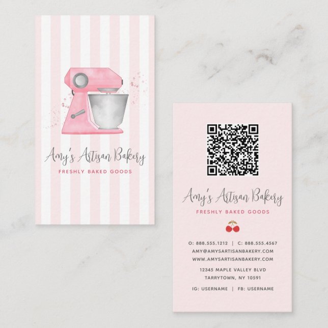 Blush Pink Bakery Mixer Stripes Pattern QR Code Business Card (Front/Back)