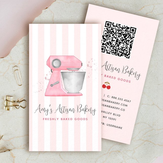 Blush Pink Bakery Mixer Stripes Pattern QR Code Business Card (Creator Uploaded)
