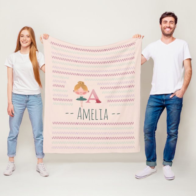 Blush Pink Ballerina "A" Monogram Name Fleece Blanket (In Situ)