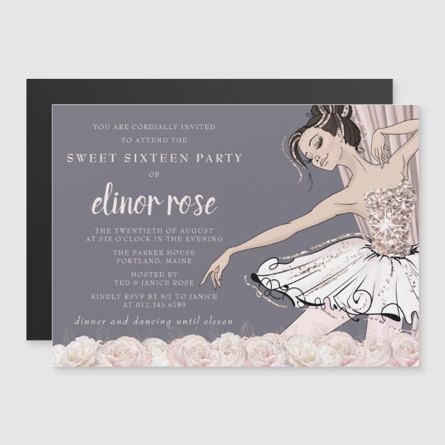 Blush Pink Ballerina Sweet 16 Party Magnetic Invitation (Front/Back)