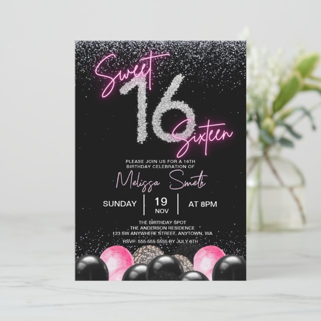 Blush Pink Balloon Diamonds Sweet 16 Sixteen Birth Invitation (Standing Front)