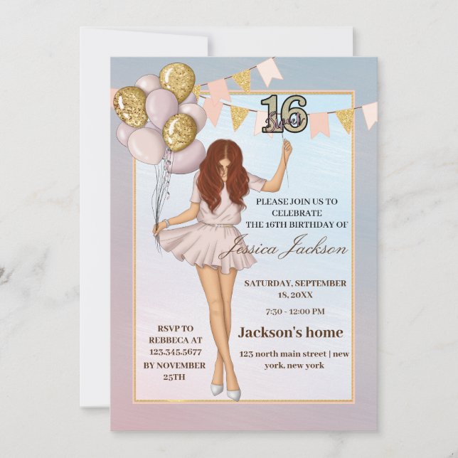 Blush Pink Balloons Rose Gold Sweet Sixteen Invitation (Front)