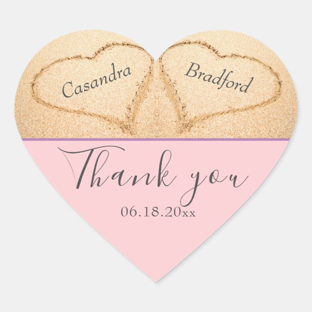 Blush Pink  Beach 2 Heart Sand Wedding Thank You Sticker (Front)