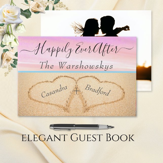 Blush Pink Beach Wedding 2 Hearts Photo Wedding Guest Book (Creator Uploaded)