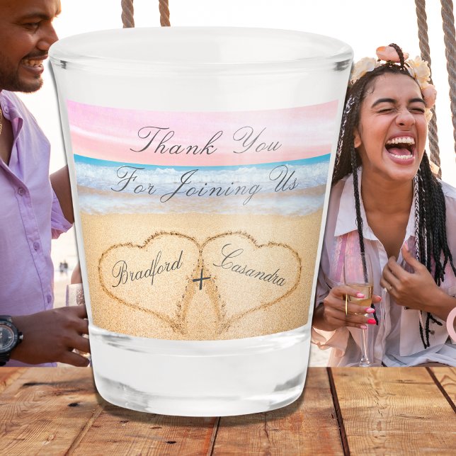 Blush Pink Beach Wedding Keepsake Hearts in Sand  Shot Glass (Creator Uploaded)