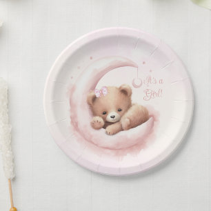 Blush Pink Bear Girl Baby Shower Paper Plate