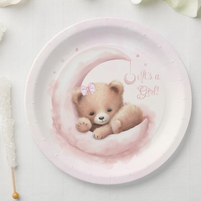 Blush Pink Bear Girl Baby Shower Paper Plate (You can personalize with your text.)
