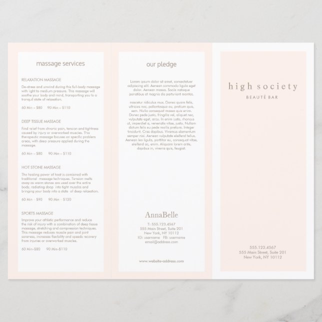 Blush Pink Beauty Hair Salon Spa TriFold Brochure (Front)