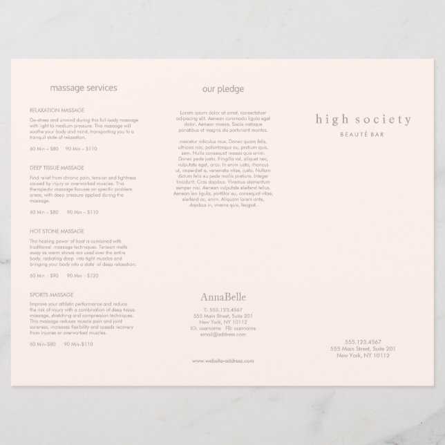 Blush Pink Beauty Hair Salon Spa TriFold Brochure (Front)
