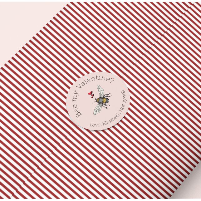 Blush Pink Bee My Valentine Honeybee Classic Round Sticker (Simple & Modern "Bee Mine" Blush Pink Sticker. Hand-Drawn Honeybee & Red Hearts for Valentine's Day.)