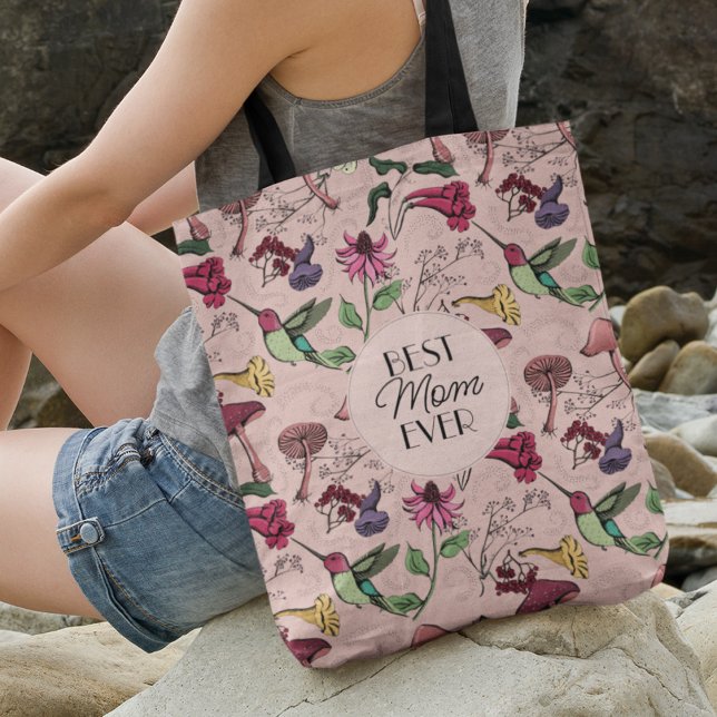 Blush Pink Best Mum Ever Photo Hummingbird Floral Crossbody Bag (FRONT: Best Mom Ever Hand-Drawn Hummingbird, Flowers & Mushrooms
BACK: Photo & 2 Personalized Texts.)