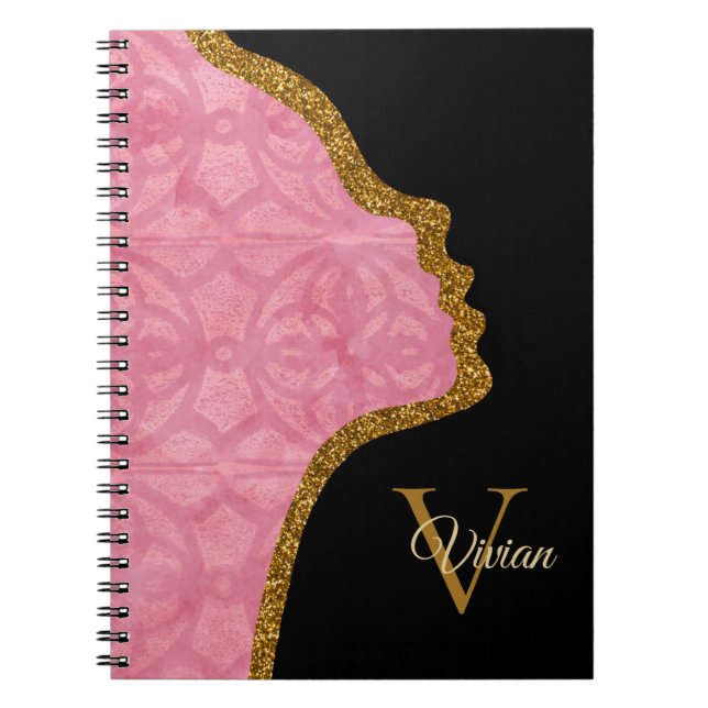 Blush Pink Black And Gold Glitter Face Notebook (Front)