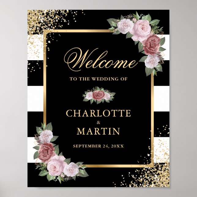 Blush Pink Black Gold Floral Wedding Welcome Sign (Front)