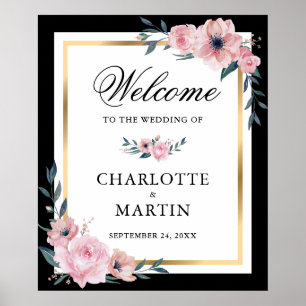 Blush Pink Black Gold Floral Wedding Welcome Sign