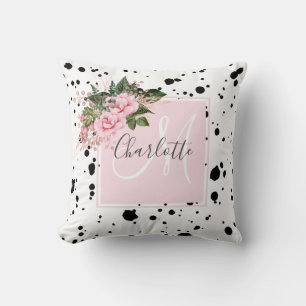 Blush pink black ink splatter floral monogram cushion