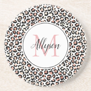 Blush Pink Black Leopard Print Monogram         Coaster