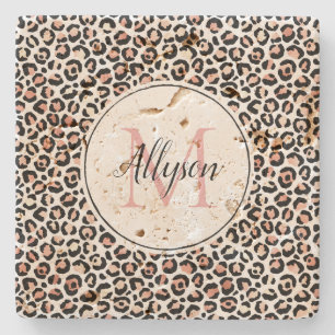 Blush Pink Black Leopard Print Monogram           Stone Coaster