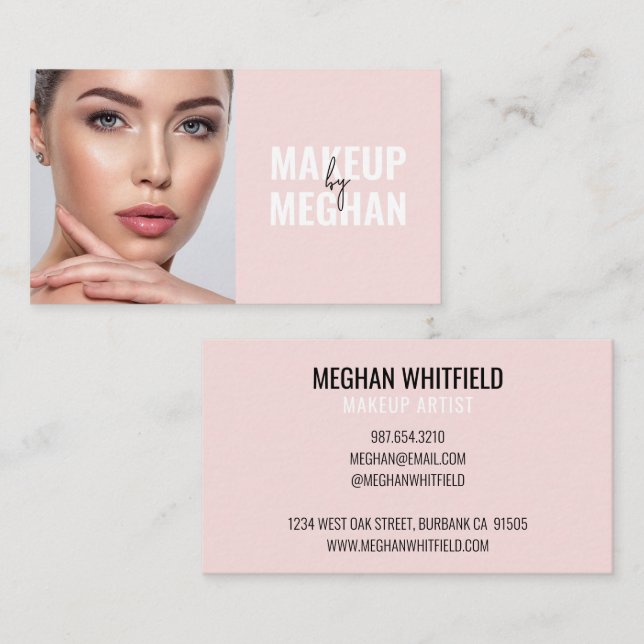Blush Pink Black Modern Photo Makeup Business Card (Front/Back)