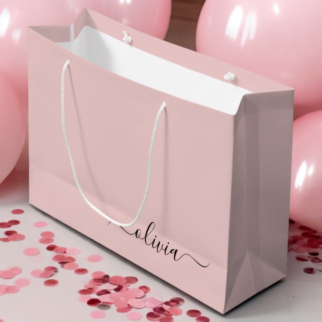 Blush Pink Black Modern Script Girly Monogram Name Large Gift Bag (Creator Uploaded)