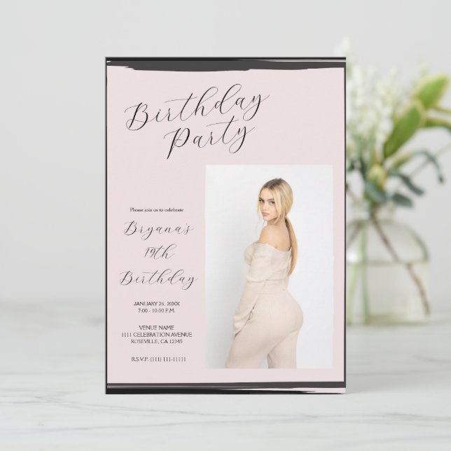 Blush Pink & Black Photo Trendy Modern Birthday  Invitation (Standing Front)