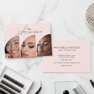 Blush Pink Black Script 3 Photo Lashes Business Card