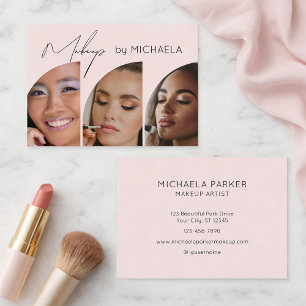 Blush Pink Black Script 3 Photo Makeup Business Card