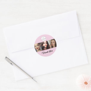 Blush Pink Black Script 3 Photo Makeup Thank You Classic Round Sticker
