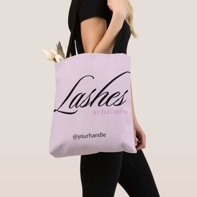 Blush Pink Black Script Handle Lashes Business Tote Bag (Close Up)