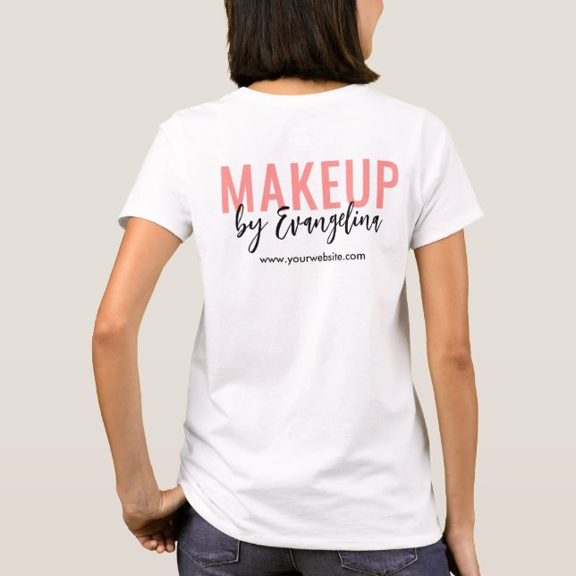 Blush Pink Black Script Logo Makeup Employee T-Shirt (Back)