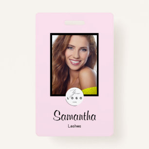 Blush Pink Black Script Logo Photo Makeup Badge ID Badge
