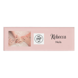 Blush Pink Black Script Logo Photo Nail Technician Name Tag