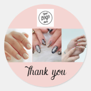 Blush Pink Black Script Logo Photo Nail Thank You Classic Round Sticker