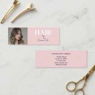 Blush Pink Black Script Photo Hair Stylist Mini Business Card