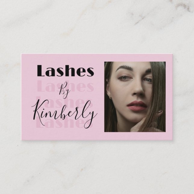 Blush Pink Black Script Photo Lashes Business Card (Front)