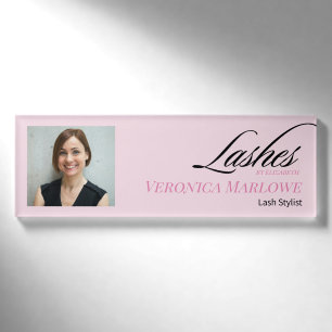 Blush Pink Black Script Photo Lashes Business Name Tag